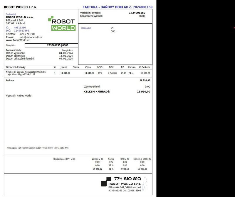 Segway Ninebot MAX G2 E nová - najeto pouze 46km - nákupní doklad