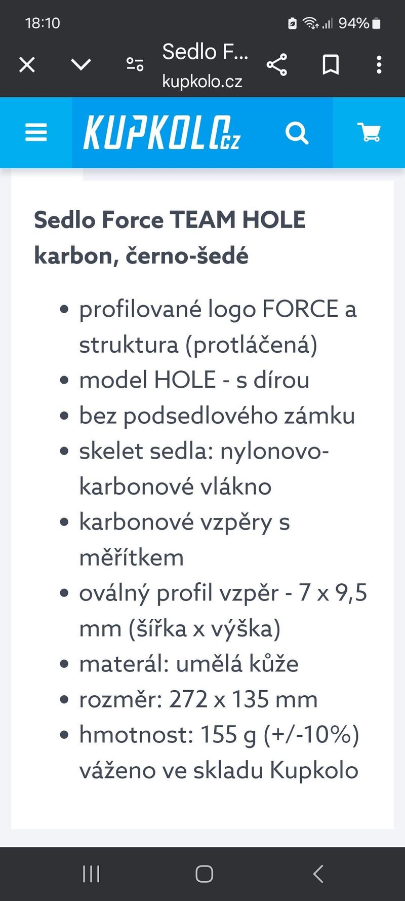 Nové sedlo Force team carbon